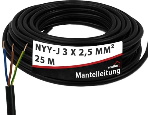 siwitec NYY-Kabel, NYY-J 3x2,5 mm², 25 m, Erdkabel, Installationskabel, Erdleitung, Kabelring - Made in Germany