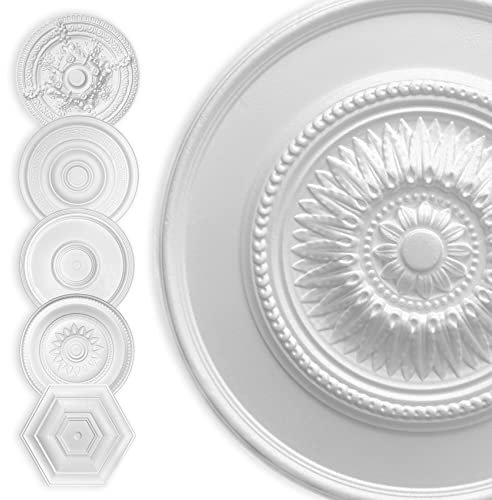 HEXIM Stuckrosette Styropor EPS weiß, Deckenrosette rund & eckig, Innendekor für Decke & Wand, Deckenrosette Kronleuchter Zierelement Architektur Stuck (60x60 cm Lorbeer)