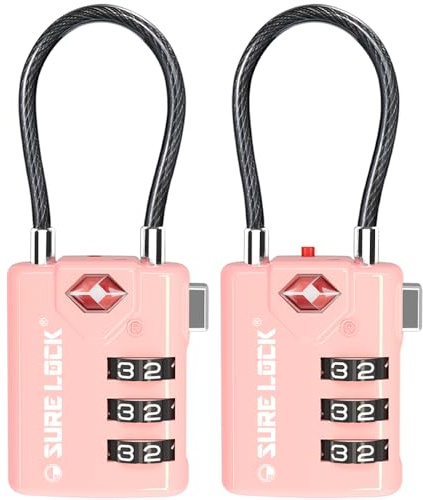 SURE LOCK TSA Approved Combination Luggage Locks with Open Alert Indicator – Durable Zinc Alloy Cable Travel Locks with Large Easy-Read Dials for Suitcases, Backpacks & Gym Bags(2, Pink 2 Pack)