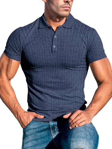 Lehmanlin Muskel-Poloshirts für Herren Kurzarm Stretch Slim Fit Baumwolle Golf T-Shirt