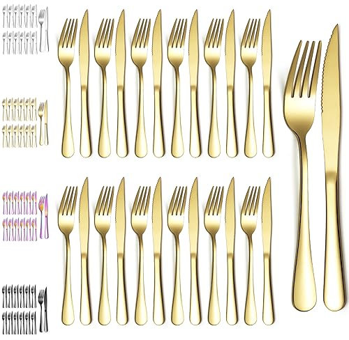 Evanda Gold Steakbesteck 24 teilig, Gold Titanbeschichtung Edelstahl 12 Tafelgabeln und 12 Tafelmesser Set, Steakmesser Steakgabeln, spülmaschinenfest