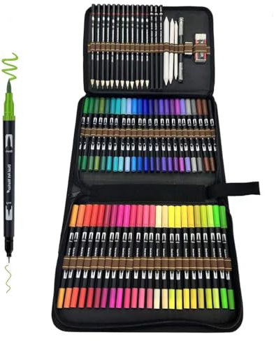 Set di 70 pennarelli ad acquerello, inclusi 48 colori a doppia punta + 12 matite da disegno e accessori, adatti per adulti e bambini, per pittura, marcatura, tintura
