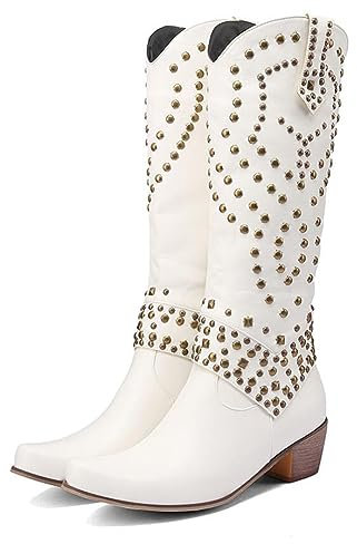 OTMYIGO Western-Cowgirl-Cowboystiefel für Damen, Vintage-Pull-on-Stiefel mit mittlerer Wade und Stickerei, Kniehohe Stiefel. Herbstliche, mit Nieten besetzte Reitstiefel,Weiß,43