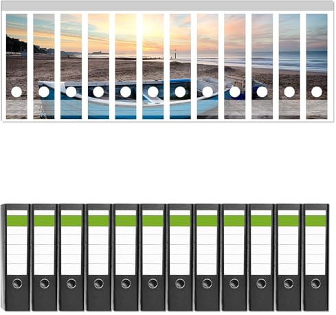 Wallario 12 Stück breite Ordner inkl. Klebeetiketten mit Motiv Fischerboot am Strand bei Sonnenuntergang - Set mit Rückenschildern/Ordnerrücken Stickern