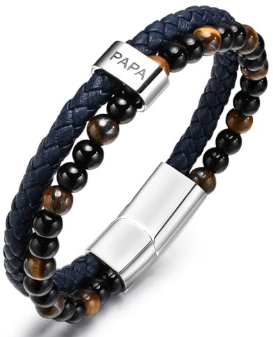 TempBeau Armband Herren Papa Geschenke : Armkette Perlen Länge Einstellbar Leder Daddy Armbänder Bleu für Männer Modeschmuck Weihnachten Thanksgiving Tag Vatertag