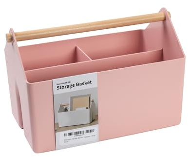 BLUE GINKGO Mittelgroße Aufbewahrungskiste – Kunststoff-Caddy mit Holzgriff für Büro, Bastelbedarf oder Haushaltsartikel (Rosa)