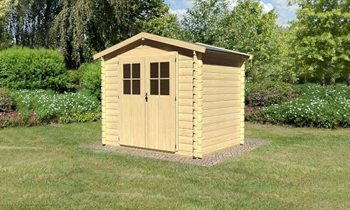 CHILLROI® Karibu Blockbohlenhaus naturbelassen inkl. Fußboden und Dacheindeckung Holzhaus Gartenhütte ver. Modelle (Skandi 1 Maße 230x237x192 in cm)