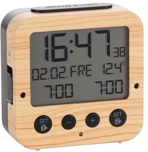 TFA Dostmann Bingo Funk-Wecker, 60.2528, mit autom. Hintergrundbeleuchtung, Datum, Temperaturanzeige und Zwei Weckzeiten, L 81 x B 33 x H 81 mm, Holzoptik, Schwarze Tasten