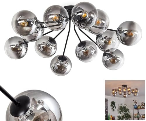 HOFSTEIN Gastor Ceiling Light, Metal and Glass Ceiling lamp in Black, Smoke and Clear, Modern Retro/Vintage Design with Glass Shades (Ø 15 cm), 12 x E14, Without Light Source