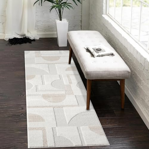 payé Teppich Läufer - 80x300cm Creme Bodenbelag Hochtief Struktur Flachflor - Geometrische Muster Boho Design Wohnteppich