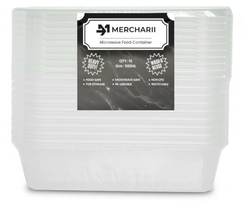 MERCHARII Plastic Food Storage Containers with Lids, 500ml 10 Pack | Airtight Leakproof Meal Prep Boxes, Microwave, Freezer & Dishwasher Safe, Reusable Takeaway Containers