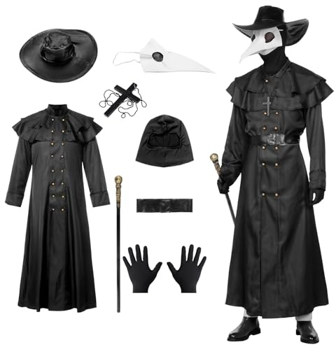 Angenster Pest Dottore, set per cosplay medievale, costume da peste medico, con maschera per uccelli, guanti a mano, collana in pelle, borsa in pelle, vestito da steampunk, costume di Halloween, per