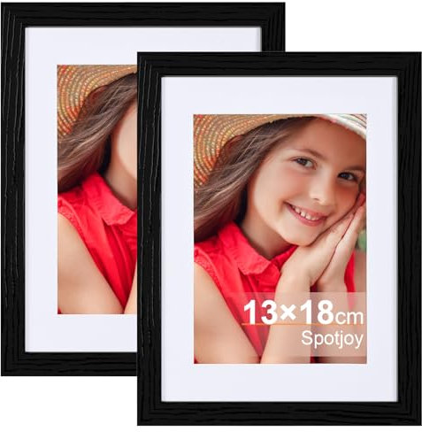 Spotjoy Bilderrahmen 13x18cm Fotorahmen Holzrahmen Posterrahmen mit Passepartout MDF Rahmen 2er-Set，Schwarz