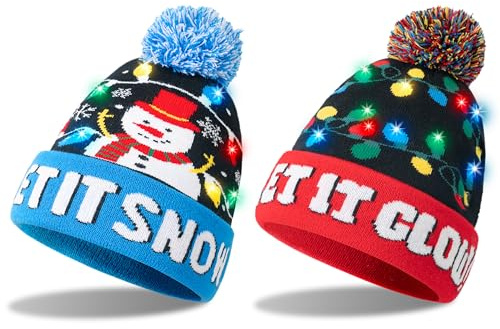 Giggling Getup 2 Stück beleuchtete Unisex-Weihnachtsmütze mit Bommeln, Schneemann-Mützen, Weihnachtsmützen für Erwachsene und Kinder, warme Strickmützen