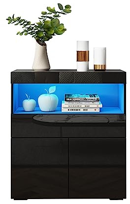 Sideboard für Wohnzimmer, Hochglanz Schwarz TV-Schrank 1 Schublade 2 Türen | LED-Licht, 16 wechselnde Farben, Wohnzimmerschrank, 80x35x90cm