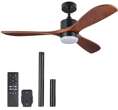 VONLUCE Ceiling Fans with Lights Remote Control, 132 cm Wood Indoor Outdoor Ceiling Fan with 3 Blades 6 Speed Noiseless Reversible DC Motor, Dimmable Timed Lighting for Living Room Study Patio, Walnut