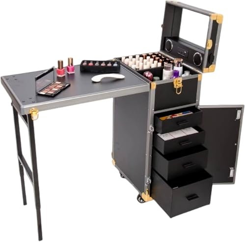 YANGYMM Faltbarer Make-Up-Koffer für Die Nagelstation, Tragbarer Professioneller Nageltisch Mit Schubladen/Spiegel/Bluetooth-Lautsprecher für Bewegliches Make-Up-Nagelstudio,BlackGold