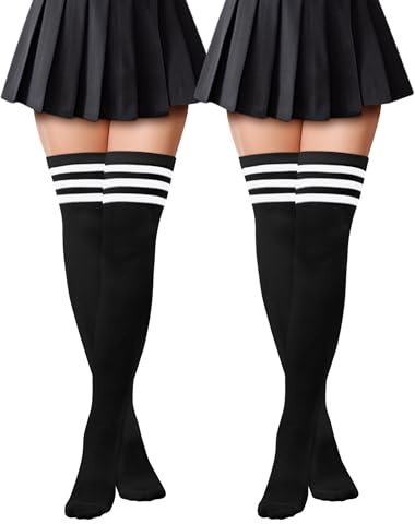 Kiiwah 2 par lårhöga strumpor kvinnor, klassiska fashionabla knähöga strumpor damer randiga över knästrumpor elastiska långa strumpor kvinnor knä hög casual för daglig användning, cosplay, Svart, one