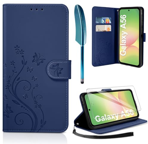 AROYI Cover Compatibile con Samsung Galaxy A56 5G e Vetro Temperato, Retro Design Flip Caso in PU Pelle Premium Portafoglio Slot per Schede Chiusura Magnetica Custodia Blu Scuro