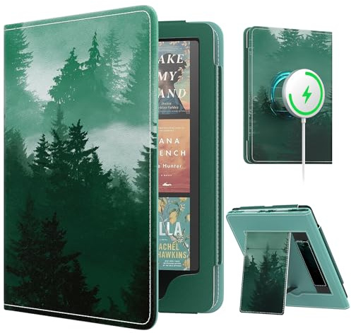 MoKo Custodia Compatibile con 7 Kindle Paperwhite(12th Generazione 2024), Ricarica senza fili Magnete Riattivazione e Standby, Con Supporto Verticale e Cinturino, Foresta Verde