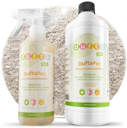 DuftaPet Enzymreiniger Set mit 500 ml Spray und 1L Konzentrat | Ideal als textilerfrischer und enzymreiniger katzenurin sowie geruchsneutralisierer für räume gegen Tiergerüche und Flecken.