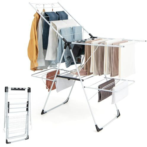 RELAX4LIFE Stendibiancheria Salvaspazio a 2 Livelli con Ali Pieghevoli in Metallico, Altezza Regolabile, Stabile, Stendino Portatile per Calzini Lenzuola Vestiti, Senza Assemblaggio, 145x58x95cm