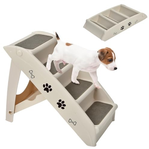 SOARS Haustiertreppe faltbar, 4-stufige Hundetreppe Katzentreppe mit Filz Matte, Tiertreppe für Katzen Hund bis 60kg, rutschfeste Katzenrampe für Bett, Auto, Sofa (Beige)