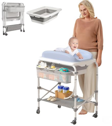 Froadp Multi-Funktionaler Baby Wickeltisch 4 in 1 – Mit faltbarer Badewanne, inklusive Hängekorb & Stauraumfach. Wickelkommode Wickelstation, 88×52×101 cm, belastbar bis 50 kg, geeignet für 0–3 Jahre