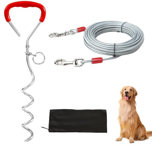 Heavy Duty Dog Stake 41cm With 3m Dog Chains With Storage Bag, Heavy Duty Steel Spiral Ground Spike Stake for Camping Dog Ground Spike for Outdoor Yard and Camping Puppy Pet and Medium Dogs