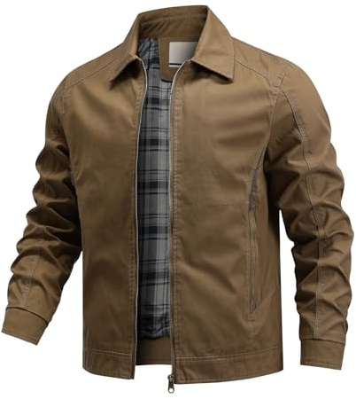 Allthemen Blouson Homme Casual Business Transition Veste en Coton Zippée Bomber de Couleur Uni Jacket Kaki L