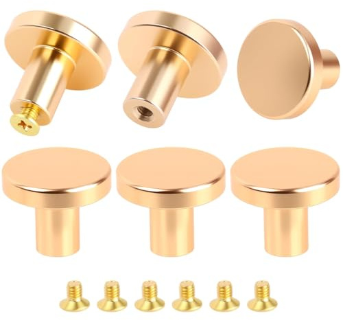 6 Piezas Pomos y Tiradores Doradas, Tiradores para Cajones Pomos Armario de Redondo Latón para Muebles Puertas Redondas para Gabinetes Perillas de Cajones Cómodas Cocina 20 * 25 mm