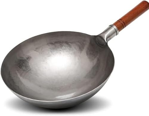 LMYFGHRD Wok tradizionale in ferro martellato a mano, non rivestito, con manico in legno staccabile, pentole da cucina (34 cm)