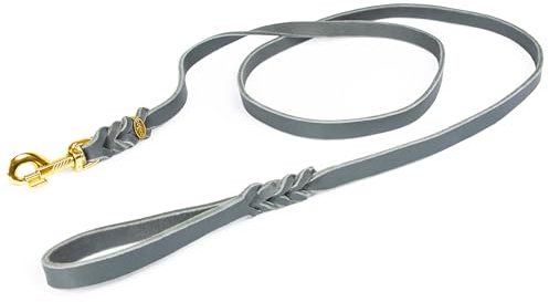 Hundeleine Leder 1,5m kleine Hunde leicht Fettlederleine [mit Handschlaufe] Lederleine geflochten – robuste Leine Hund mit Messingbeschlägen – Führleine Hund & Freihandleine zum Umhängen, Grau 8mm