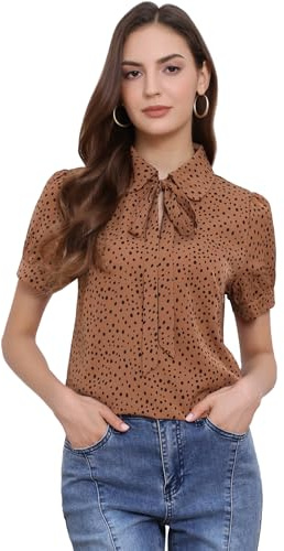 Allegra K Women's Retro Blouses Printed Bow Tie Peter Pan Collar Chiffon Blouse Light Brown-Dots L
