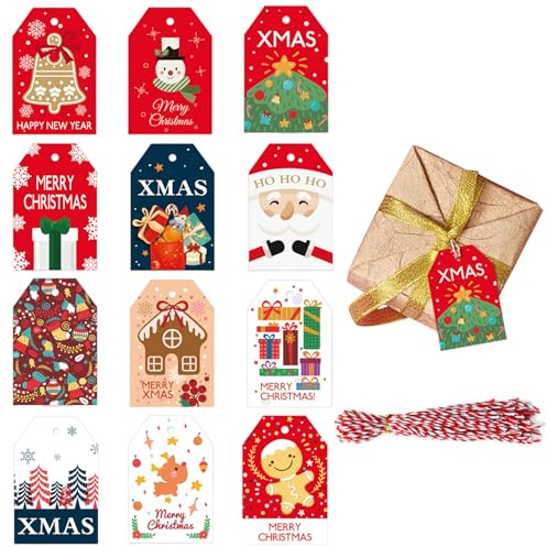 yolzhxe 48 Piezas Etiquetas Regalo Navidad, Etiquetas Navideñas con Cuerdas, Colgantes Preperforadas Tarjetas, para Decoración Navideña, DIY Regalos de Manualidades