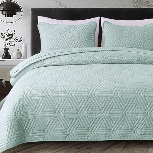 Whale Flotilla Tagesdecke 220x240 cm Mikrofaser Bettüberwur | Weich, Leicht, Bedspread mit 2 Kissenbezüge, Sofaüberwurf, Steppdecke, Geomuster, Ganzjährige Bettwäsche, Grün