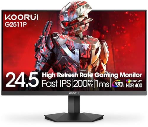 KOORUI 24.5 Inch Gaming Monitor, 200Hz FHD 1080p IPS Screen, 1ms（GTG ）, HDR400, 90% DCI-P3, Adaptive Sync, HDMI 2.0丨DisplayPort 1.4, Eye Care, Black (G2511P)