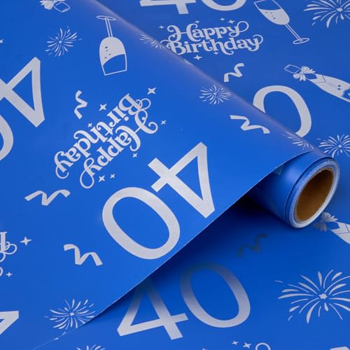 6 m x 43 cm Geschenkpapierrolle zum 40. Geburtstag, blaues Geschenkpapier für Geburtstagsgeschenke