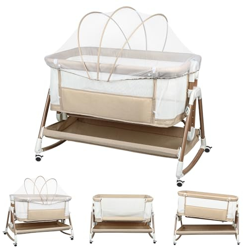 homewell 2 in 1 Beistellbett Baby & Babywiege, Faltbar, 6 Fach Höhenverstellung und Neigungsverstellung, Seiten aus Netz, für Zuhause und Unterwegs (Hellrosa)