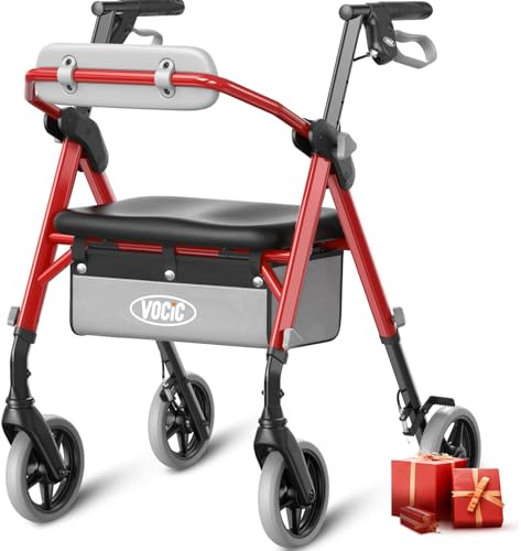 VOCIC Z11 Deambulateur 4 roues pliable leger, max 172 kg, deambulateur étroit pour appartement,Déambulateur pour personnes âgées avec poignée réglable en hauteur,Siège et dossier ergonomiques,Rouge