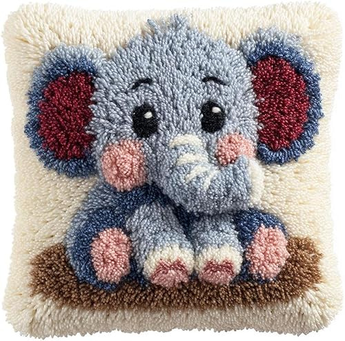 ZUHK 3D DIY Latch Hook Kits -17x17 Inch with Colorful Printed Canvas,Beginners Animals Latch Hook Pillow Kit,fit for Christmas, Halloween,Home Sofa Decoration (Elephant)