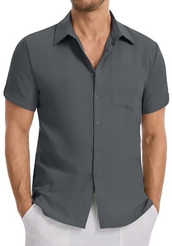 LVCBL Chemise Homme Manches Courtes Été Légère Chemises Regular Fit Plage Lin Hommes Décontractées Poche Poitrine Gris Foncé M