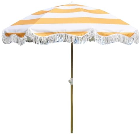 Générique Parasol De Jardin À Rayures Orange avec Franges UPF50+ Parasol Extérieur Réglable en Hauteur pour Plage Terrasse Marché Toile Imperméable Structure Métallique