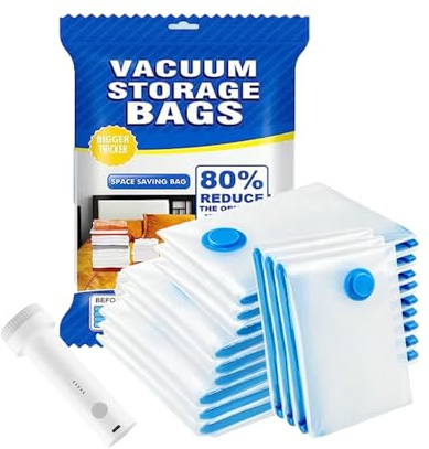 12 Pack Vacuum Storage Bags with Wireless Pump, 4 Sizes | Reusable waterproof compression bags in 4 sizes for clothes, duvets, pillows and towels; ideal for home storage and travel