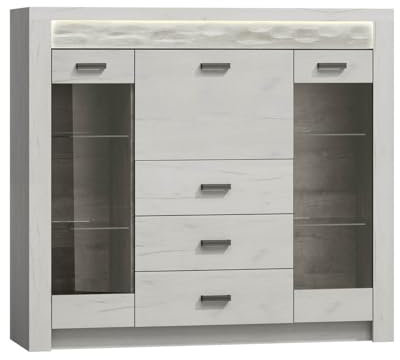 Mirjan24 Barschrank Indiano I-08 mit 3 schubladen, Barkommode, Highboard, Getrönkeschrank, Schrank mit Getränkefach (Kraft Weiss, ohne Beleuchtung)