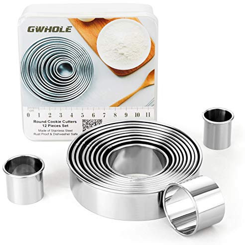 GWHOLE Juego de 12 Cortadores de Galletas Redondos Moldes Rosquillas de Acero Inoxidable para galletas Redondo, Donuts, Pastel, Cookie, Fondant