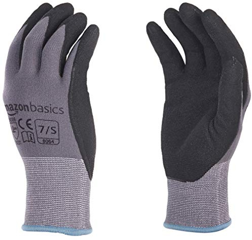 Amazon Basics Micro-Foam Nitrile Coated Safety Work Gloves, Touch Screen, Nylon Liner Fiber, All-Purpose, Grey, Size 7/S, 12-Pair