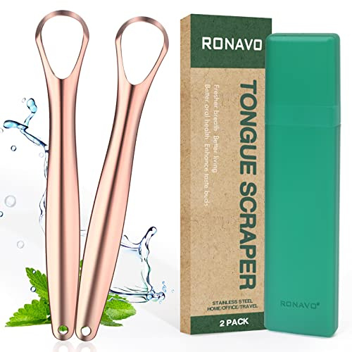 Rostfritt stål tungskrapa (2-pack), bota dålig andedräkt (medicinsk kvalitet), rostfritt stål tungrengöringsmedel koppar, 100% BPA-fria metall tungskrapor för friskare andedräkt på några sekunder ...