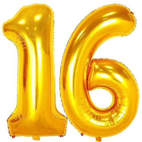 Jonhamwelbor 16 Number Balloons Gold Big Giant Jumbo Number 16 Foil Mylar Balloons for 16th Birthday Party Supplies 16 Anniversary Events Decorations