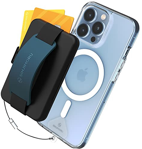 Sinjimoru Magnet Handy Kartenhalter für MagSafe, Kreditkartenetui als Handyständer für Tisch und Fingerhalter Magnetic Card Holder Wallet für iPhone 17 16 15 14 13 Reihe. M-Card Zip Blau